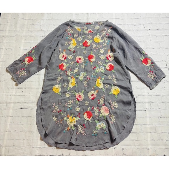 JOHNNY WAS Playa Tunic Women’s Large Gray Embroidered Top Rayon Blouse Boho - Picture 6 of 12